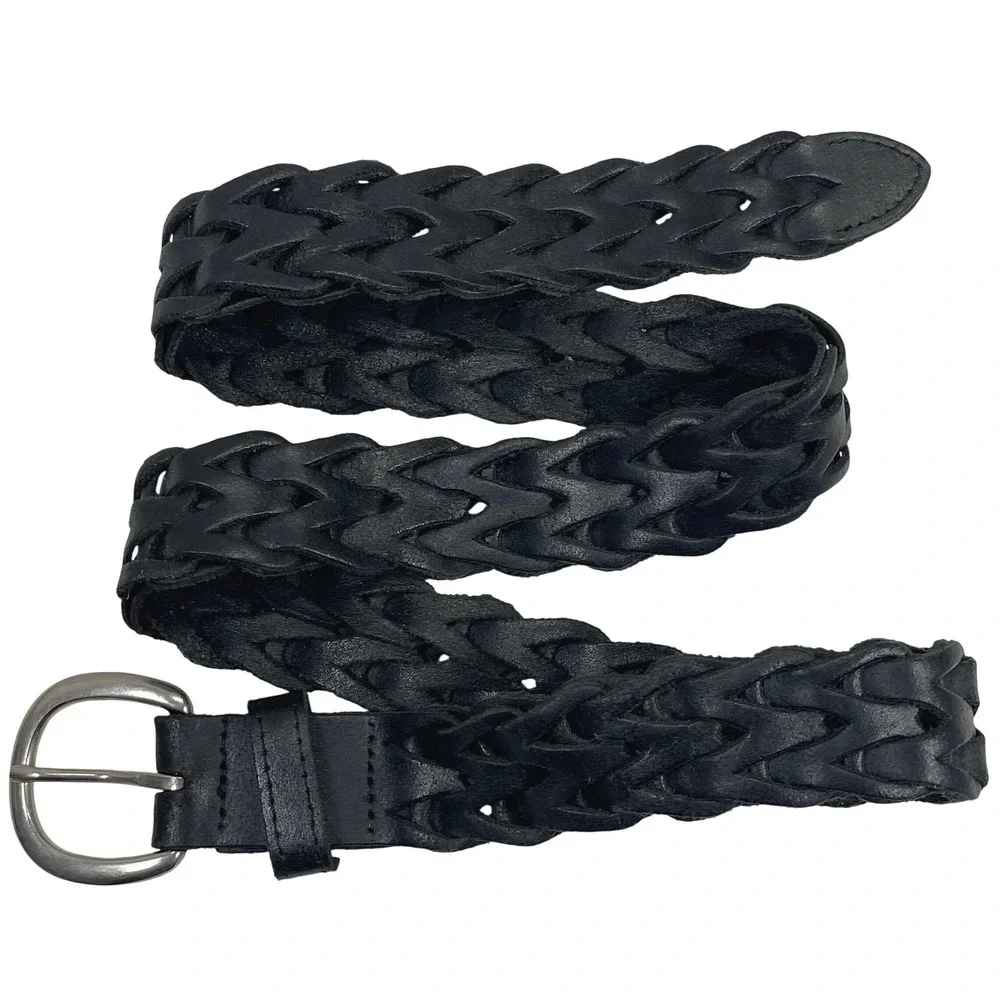 Vintage Genuine Leather Braided Woven Belt Womens 34 Black Silver Buckle Boho